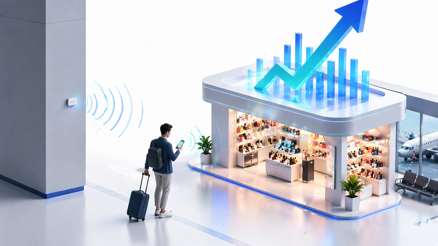 Illustration of proximity-triggered mobile engagement near an airport retail zone
